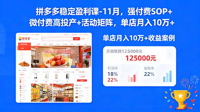 拼多多稳定盈利课-11月,强付费SOP+微付费高投产+活动矩阵,单店月入10w+-昕妈·摇钱树